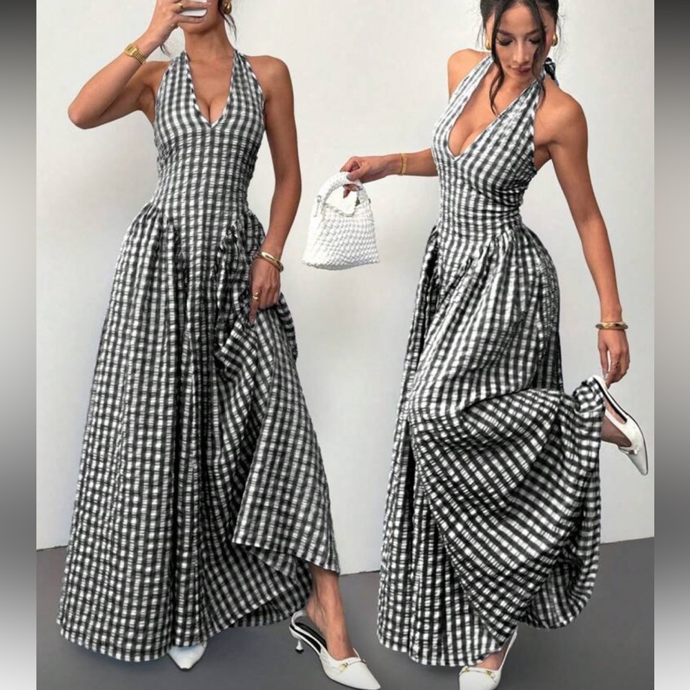 Elegant Black and White Checkered Halter Maxi Dress - Picture 3 of 8